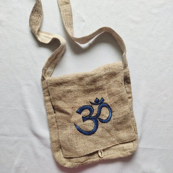 Hemp Crossbody Bag w Blue Embroidered Om Symbol Natural Roomy - Picture 1 of 10